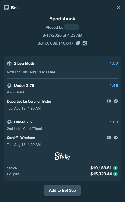 Bet slip: Deportivo La Coruna - Elche, $10,200.00 stake at 1.46 odds, placed by Michalych80