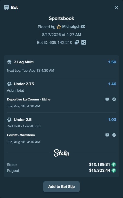 Bet slip: Deportivo La Coruna - Elche, $10,200.00 stake at 1.46 odds, placed by Michalych80