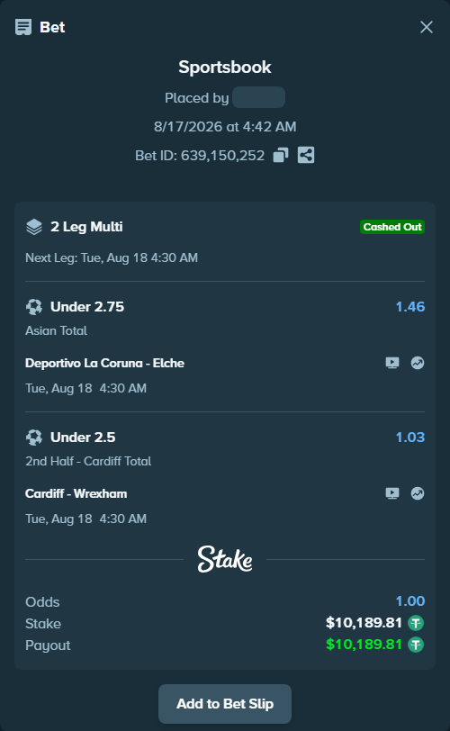 Bet slip: Deportivo La Coruna - Elche, $10,200.00 stake at 1.46 odds, placed by Michalych80