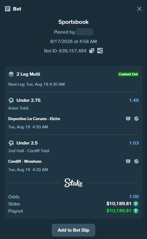 Bet slip: Deportivo La Coruna - Elche, $10,200.00 stake at 1.46 odds, placed by Michalych80