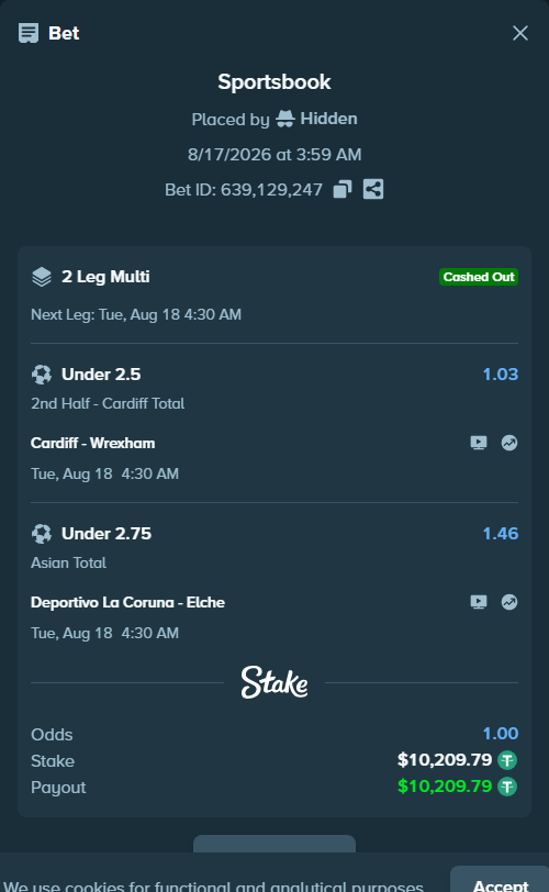 Bet slip: Deportivo La Coruna - Elche, $10,220.00 stake at 1.46 odds, placed by Michalych80