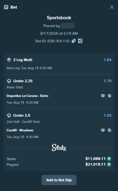 Bet slip: Deportivo La Coruna - Elche, $11,900.00 stake at 1.79 odds, placed by Michalych80