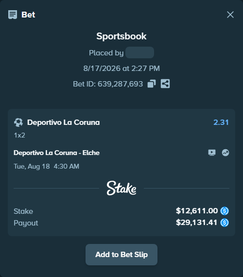 Bet slip: Deportivo La Coruna - Elche, $12,611.00 stake at 2.31 odds, placed by bappuji668