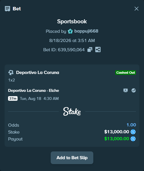 Bet slip: Deportivo La Coruna - Elche, $13,000.00 stake at 2.33 odds, placed by bappuji668