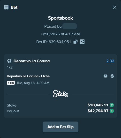 Bet slip: Deportivo La Coruna - Elche, $18,464.55 stake at 2.32 odds, placed by Oskarlindt