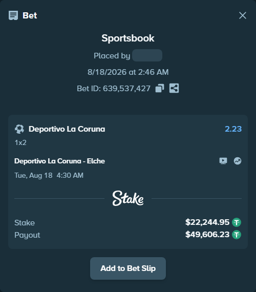 Bet slip: Deportivo La Coruna - Elche, $22,267.19 stake at 2.23 odds, placed by mkunerth