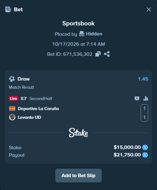 Bet slip: Deportivo La Coruna - Levante, $15,000.00 stake at 1.45 odds, placed by olavandr