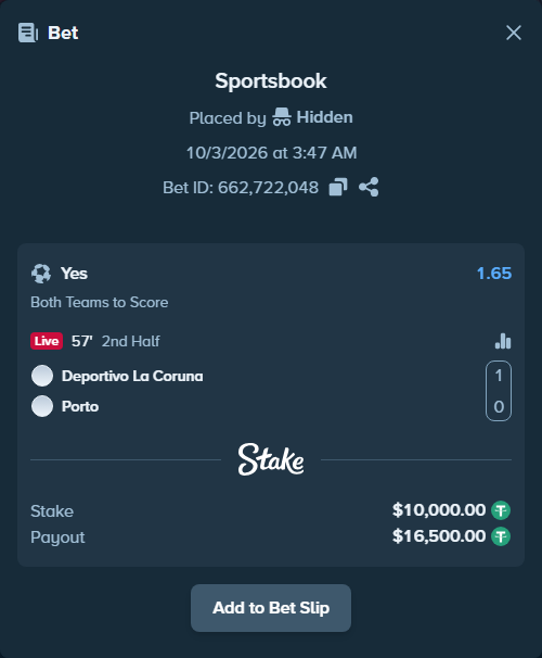 Bet slip: Deportivo La Coruna - Porto, $10,000.00 stake at 1.65 odds, placed by tlwns4736