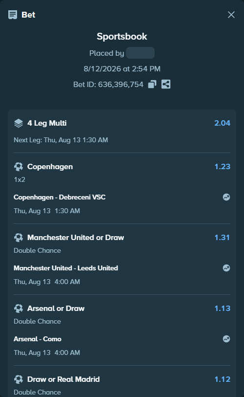 Bet slip: Deportivo La Coruna - Real Madrid, $10,000.00 stake at 1.12 odds, placed by Jephthah2