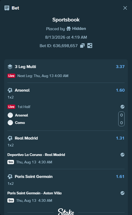 Bet slip: Deportivo La Coruna - Real Madrid, $40,011.01 stake at 1.31 odds, placed by Hidden