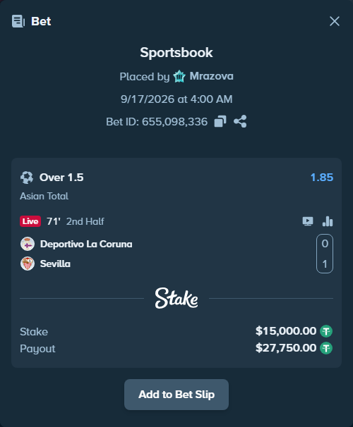 Bet slip: Deportivo La Coruna - Sevilla, $15,000.00 stake at 1.85 odds, placed by Mrazova