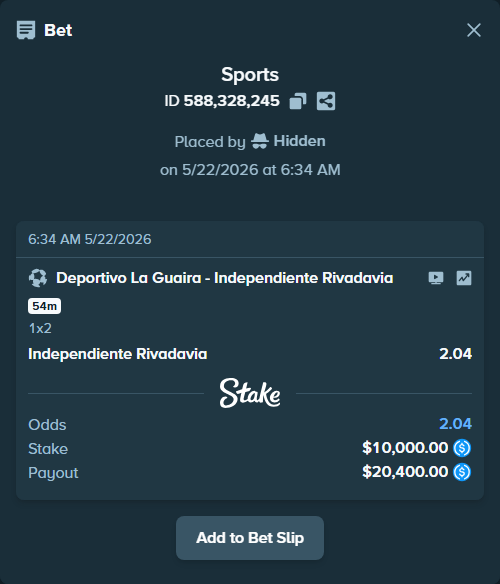 Bet slip: Deportivo La Guaira - Independiente Rivadavia, $10,000.00 stake at 2.04 odds, placed by Hidden