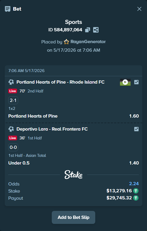 Bet slip: Deportivo Lara - Real Frontera FC, $13,292.44 stake at 1.40 odds, placed by RayanGenerator
