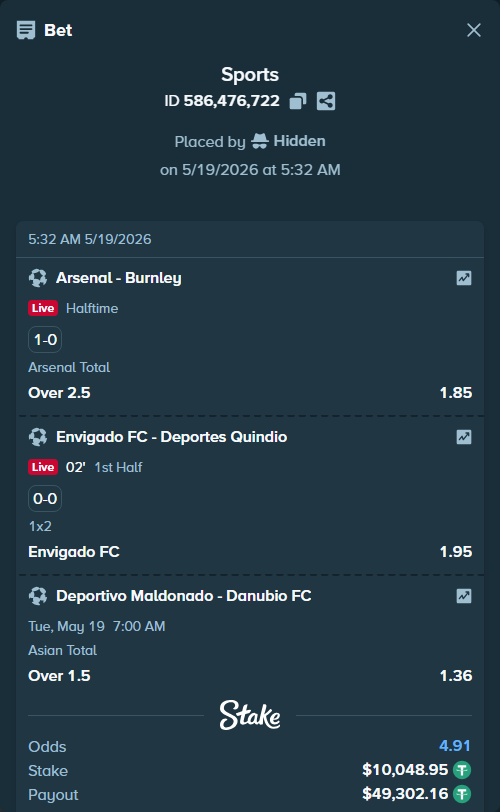 Bet slip: Deportivo Maldonado - Danubio FC, $10,059.00 stake at 1.36 odds, placed by Hidden