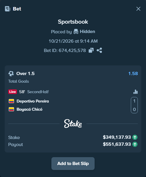 Bet slip: Deportivo Pereira FC SA - Boyaca Chico FC, $349,487.07 stake at 1.58 odds, placed by Hidden