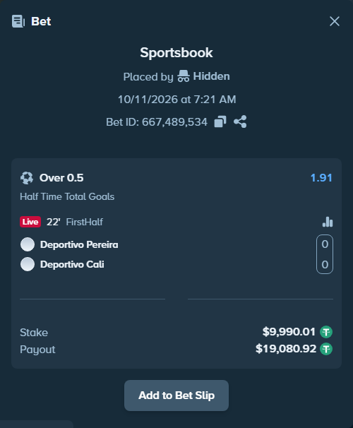 Bet slip: Deportivo Pereira FC SA - Deportivo Cali, $10,000.00 stake at 1.91 odds, placed by Hidden