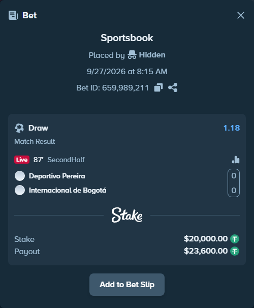 Bet slip: Deportivo Pereira FC SA - Internacional de Bogota., $20,000.00 stake at 1.18 odds, placed by Usklood