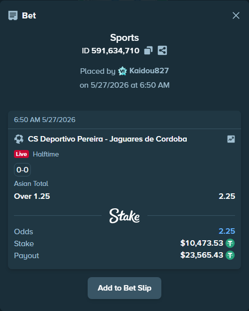 Bet slip: Deportivo Pereira FC SA - Jaguares de Cordoba, $10,484.00 stake at 2.25 odds, placed by Kaidou827