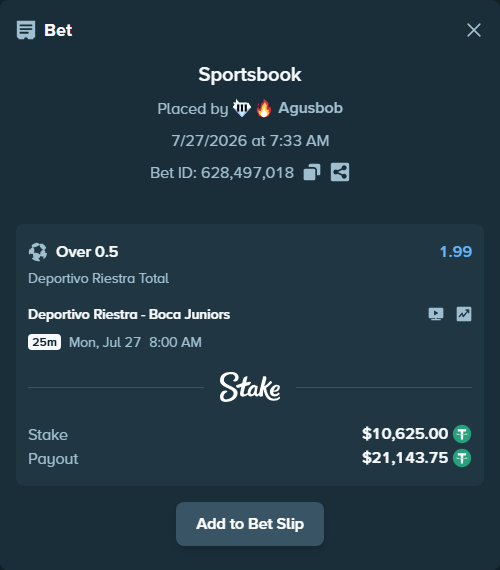 Bet slip: Deportivo Riestra AFBC - Boca Juniors, $10,625.00 stake at 1.99 odds, placed by Agusbob