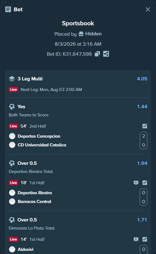 Bet slip: Deportivo Riestra AFBC - CA Barracas Central, $140,140.00 stake at 1.64 odds, placed by Hidden