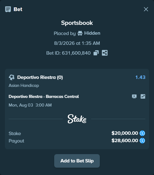 Bet slip: Deportivo Riestra AFBC - CA Barracas Central, $20,000.00 stake at 1.43 odds, placed by Hidden