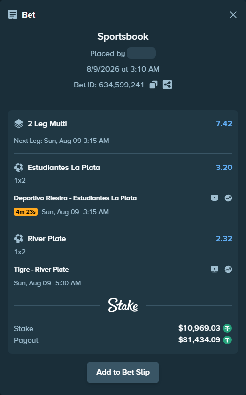 Bet slip: Deportivo Riestra AFBC - Estudiantes La Plata, $10,980.00 stake at 3.20 odds, placed by Agus1033