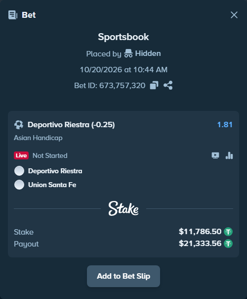 Bet slip: Deportivo Riestra AFBC - Union Santa Fe, $11,798.29 stake at 1.81 odds, placed by Reyes32