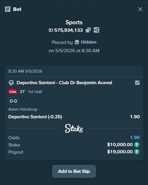 Bet slip: Deportivo Santani - Club Dr Benjamin Aceval, $10,000.00 stake at 1.90 odds, placed by Hidden