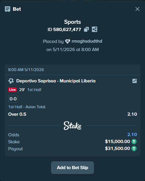 Bet slip: Deportivo Saprissa San Jose - Municipal Liberia, $15,000.00 stake at 2.10 odds, placed by rmaghsdudthd
