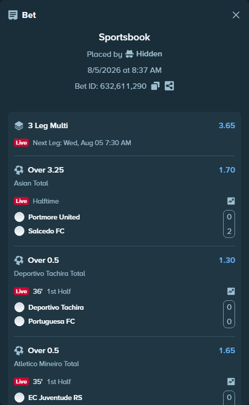 Bet slip: Deportivo Tachira - Portuguesa FC, $31,451.90 stake at 1.30 odds, placed by Hidden