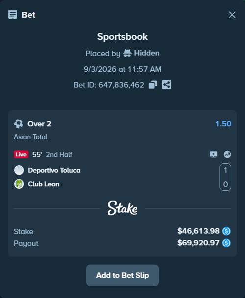 Bet slip: Deportivo Toluca - Club Leon, $46,613.98 stake at 1.50 odds, placed by Hidden