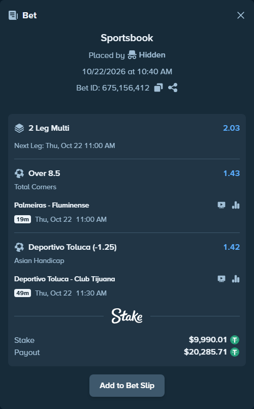 Bet slip: Deportivo Toluca - Club Tijuana, $10,000.00 stake at 1.42 odds, placed by Agus1033