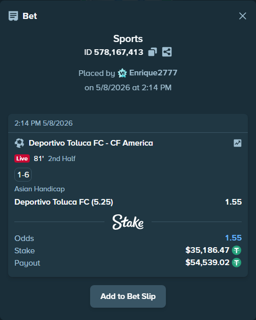 Bet slip: Deportivo Toluca FC - Club America, $35,186.47 stake at 1.55 odds, placed by Enrique2777