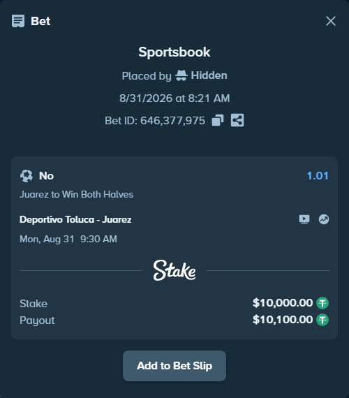 Bet slip: Deportivo Toluca - Juarez, $10,000.00 stake at 1.01 odds, placed by Hidden