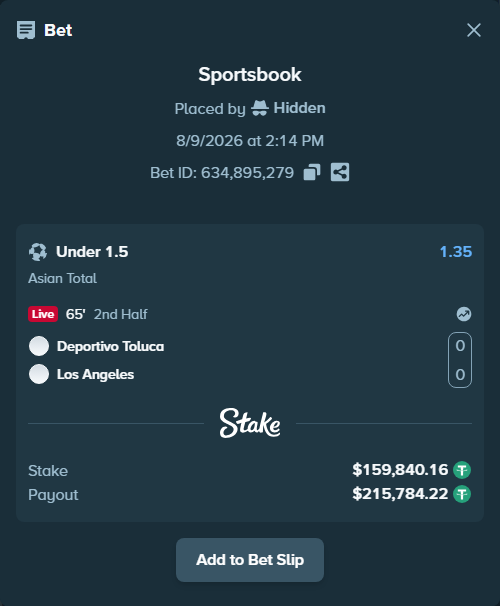 Bet slip: Deportivo Toluca - Los Angeles, $160,000.00 stake at 1.35 odds, placed by Hidden