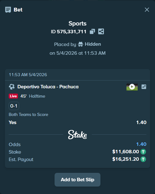 Bet slip: Deportivo Toluca - Pachuca, $11,608.00 stake at 1.40 odds, placed by Hidden