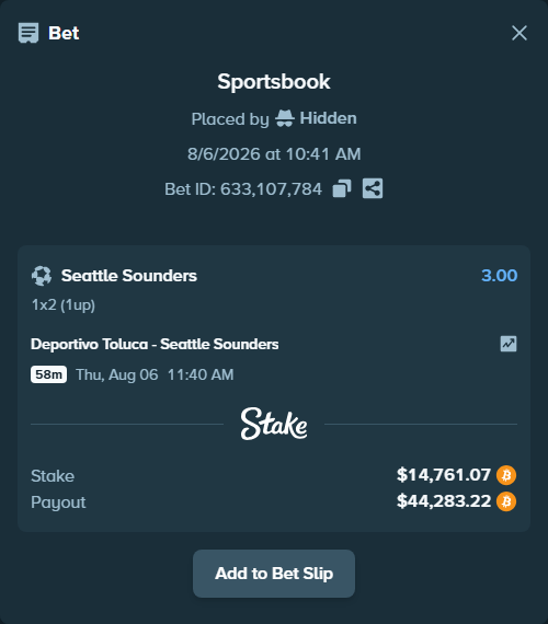 Bet slip: Deportivo Toluca - Seattle Sounders, $14,688.63 stake at 3.00 odds, placed by Hidden