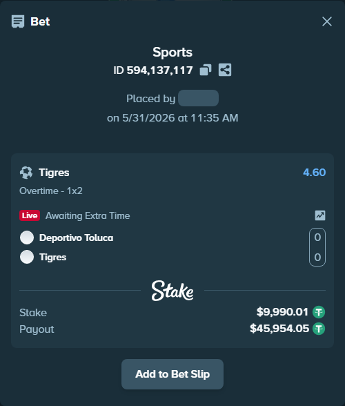 Bet slip: Deportivo Toluca - Tigres, $10,000.00 stake at 4.60 odds, placed by Agus1033