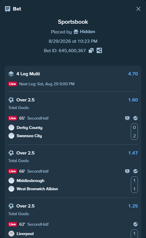 Bet slip: Derby County - Swansea City, $29,228.00 stake at 1.60 odds, placed by Hidden