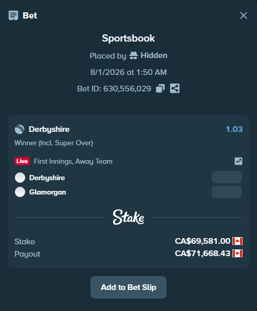 Bet slip: Derbyshire - Glamorgan, $51,489.94 stake at 1.03 odds, placed by Hidden
