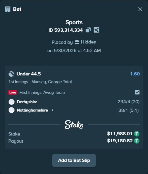 Bet slip: Derbyshire - Nottinghamshire, $12,000.00 stake at 1.60 odds, placed by Hidden