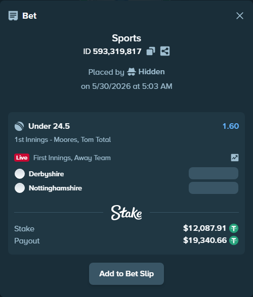 Bet slip: Derbyshire - Nottinghamshire, $12,100.00 stake at 1.60 odds, placed by Hidden