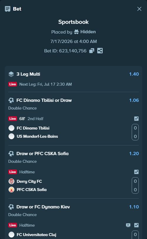 Bet slip: Derry City FC - PFC CSKA Sofia, $12,001.99 stake at 1.20 odds, placed by Hidden