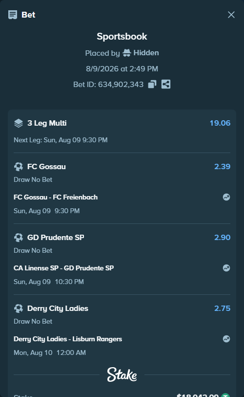 Bet slip: Derry City Ladies - Lisburn Rangers, $18,060.13 stake at 2.75 odds, placed by Hidden