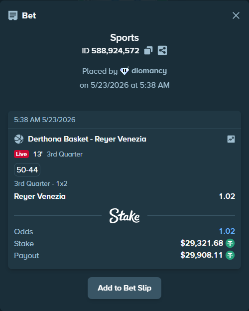 Bet slip: Derthona Basket - Reyer Venezia, $29,351.00 stake at 1.02 odds, placed by diomancy