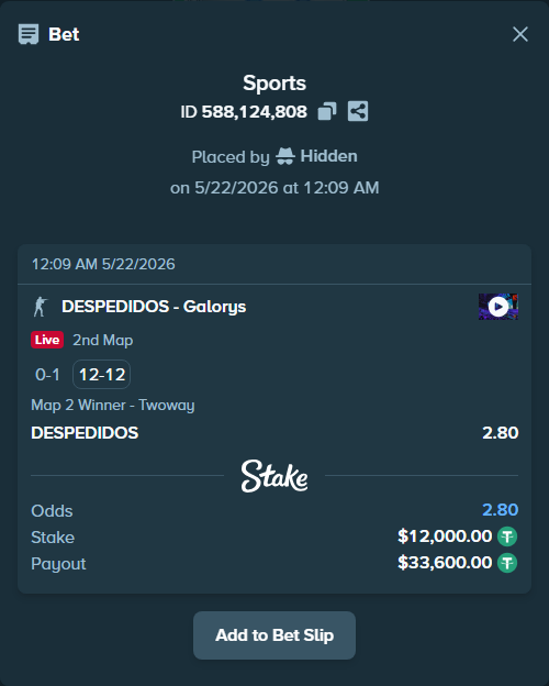 Bet slip: DESPEDIDOS - Galorys, $12,012.00 stake at 2.80 odds, placed by Hidden