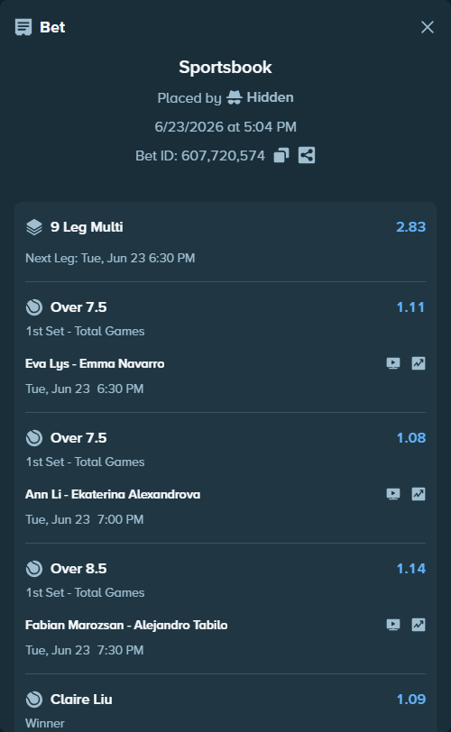 Bet slip: Despina Papamichail - Claire Liu, $75,075.00 stake at 1.09 odds, placed by Hidden