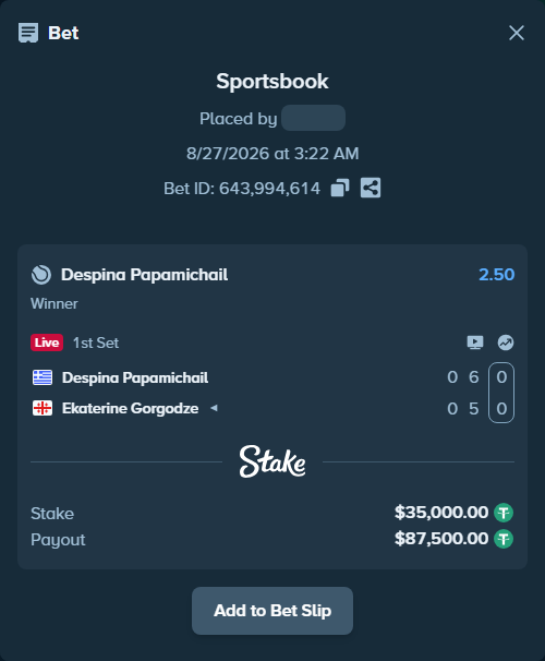 Bet slip: Despina Papamichail - Ekaterine Gorgodze, $35,000.00 stake at 2.50 odds, placed by ayoflasher