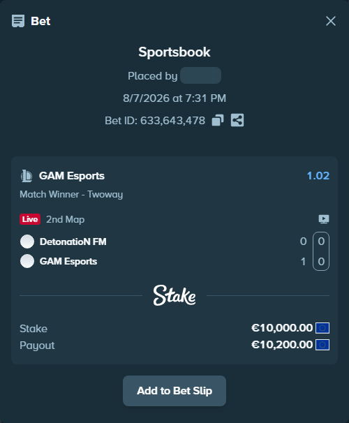 Bet slip: DetonatioN FM - GAM Esports, $10,800.00 stake at 1.02 odds, placed by 4alen4