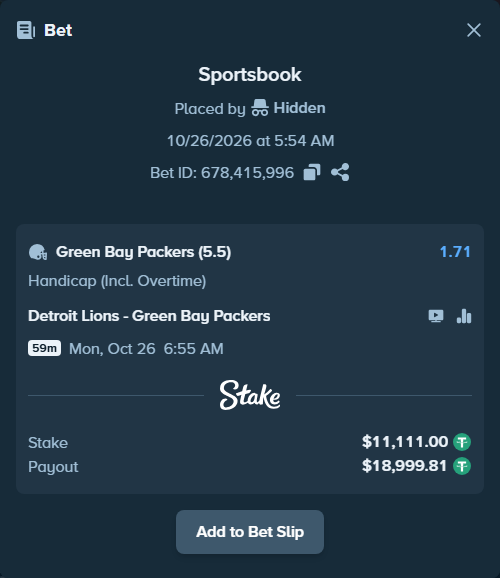 Bet slip: Detroit Lions - Green Bay Packers, $11,122.11 stake at 1.71 odds, placed by Hidden